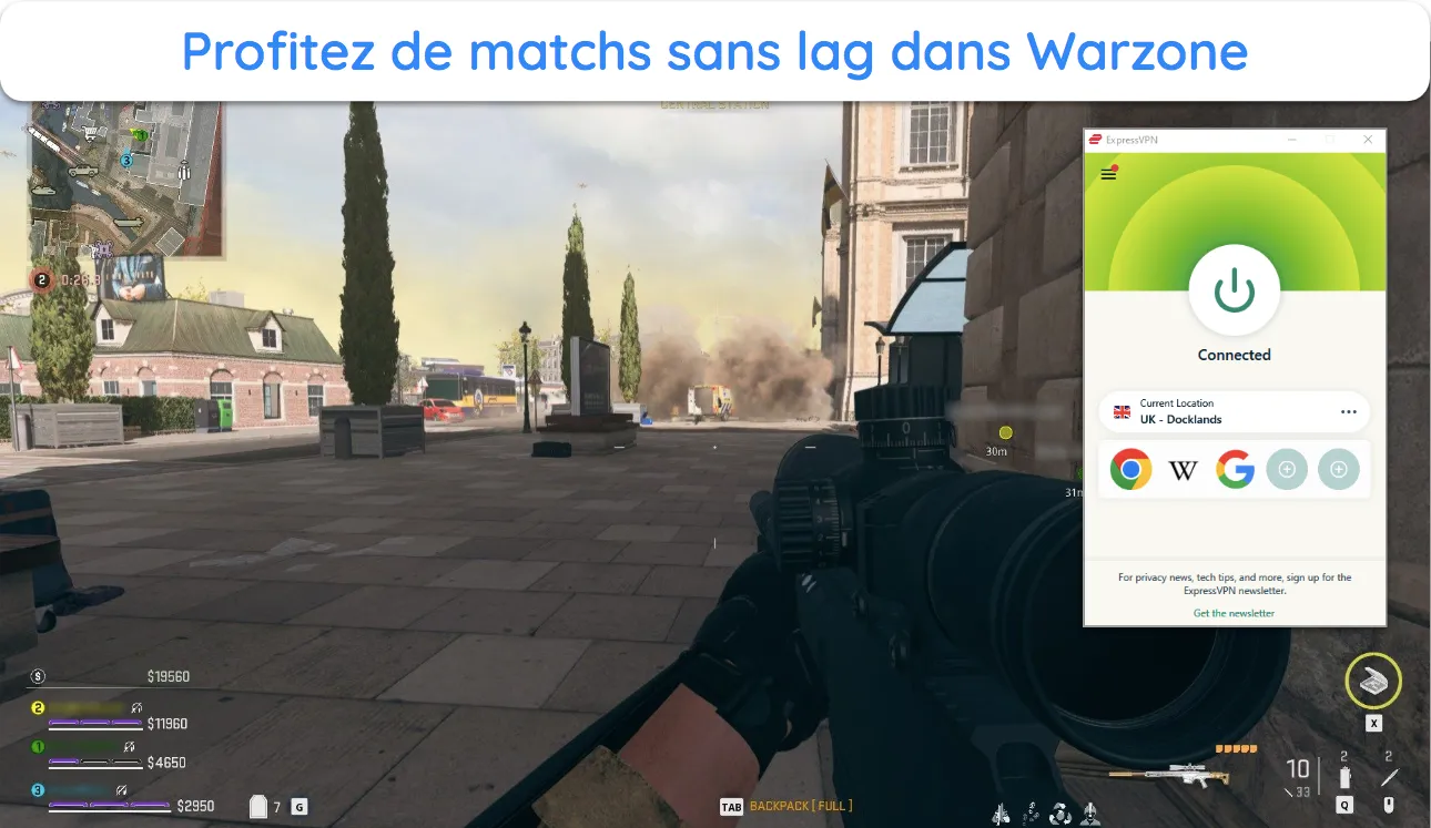 Capture d'&eacute;cran montrant un match Call of Duty: Warzone en cours tout en &eacute;tant connect&eacute; &agrave; ExpressVPN.