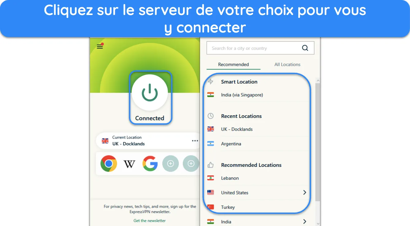 Capture d'&eacute;cran montrant comment se connecter &agrave; un serveur ExpressVPN.