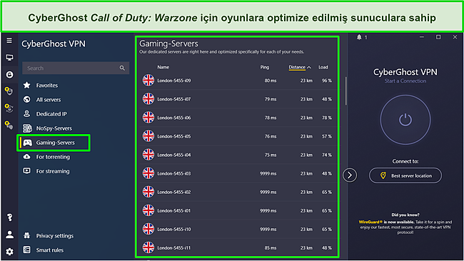 CyberGhost'un oyun sunucuları listesinin ekran g&ouml;r&uuml;nt&uuml;s&uuml;.