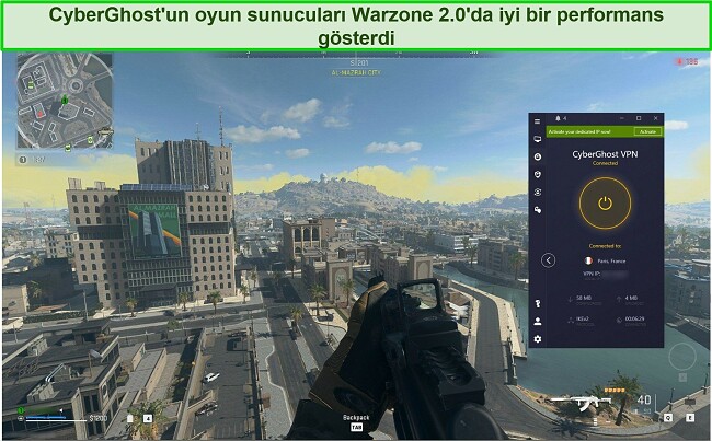 Warzone 2.0 oynarken bir Fransız sunucusuna bağlanan CyberGhost VPN'in ekran g&ouml;r&uuml;nt&uuml;s&uuml;