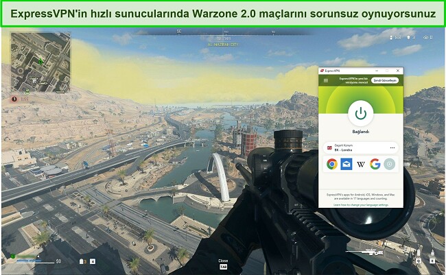 Warzone 2.0 oynarken İngiltere sunucusuna bağlanan ExpressVPN'in ekran g&ouml;r&uuml;nt&uuml;s&uuml;