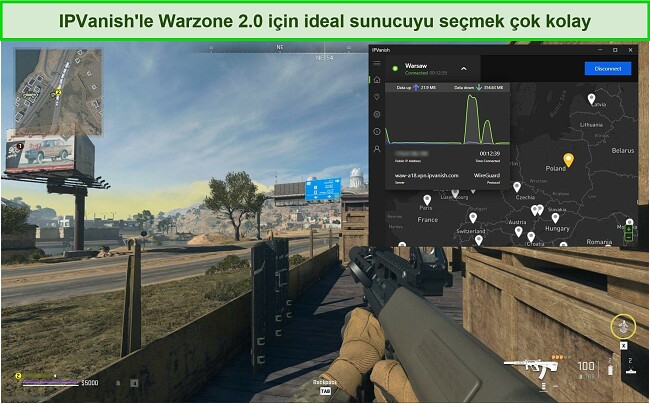 Warzone 2.0 oynarken bir Polonya sunucusuna bağlanan IPVanish'in ekran g&ouml;r&uuml;nt&uuml;s&uuml;