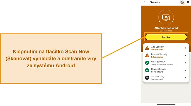 Sn&iacute;mek obrazovky ukazuj&iacute;c&iacute;, jak spustit kontrolu v Norton Mobile Security