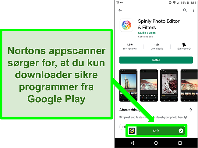 Sk&aelig;rmbillede af en app i Google Play -butikken bliver markeret som "sikker" af en Norton -scanning.