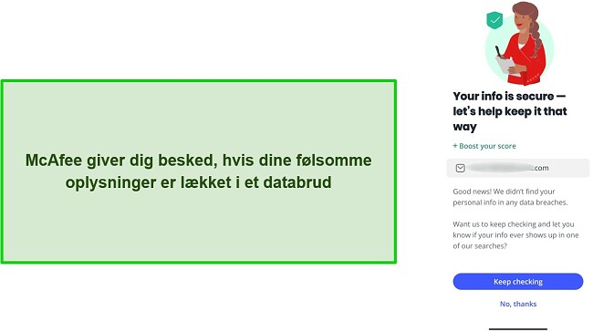 Sk&aelig;rmbillede af McAfees kontrol af databrud