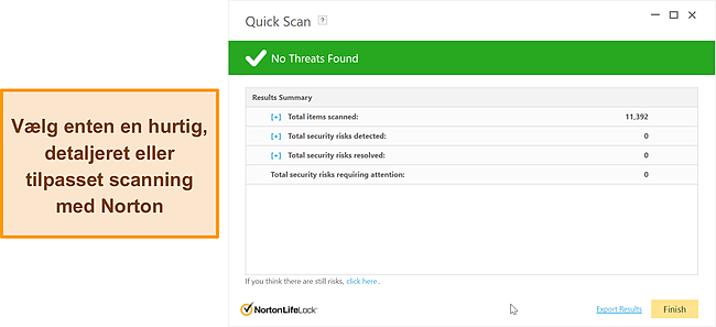 Sk&aelig;rmbillede af Nortons scanningsmuligheder mod malware.
