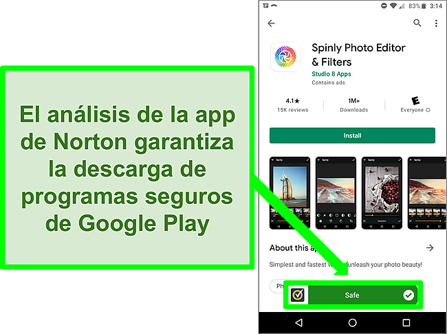 Captura de pantalla de una aplicaci&oacute;n en la tienda Google Play marcada como "segura" por un an&aacute;lisis de Norton.