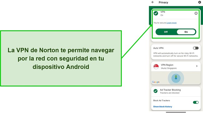 Captura de pantalla de la VPN de Norton Mobile Security mientras est&aacute; conectado