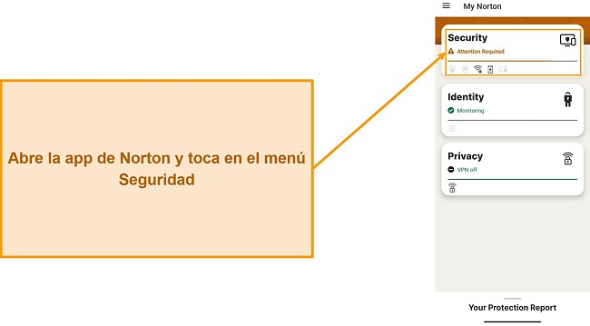 Captura de pantalla que muestra c&oacute;mo abrir el men&uacute; Seguridad en Norton Mobile Security