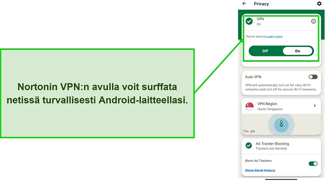 Kuvakaappaus Norton Mobile Securityn VPN:st&auml; yhteyden ollessa kytkettyn&auml;