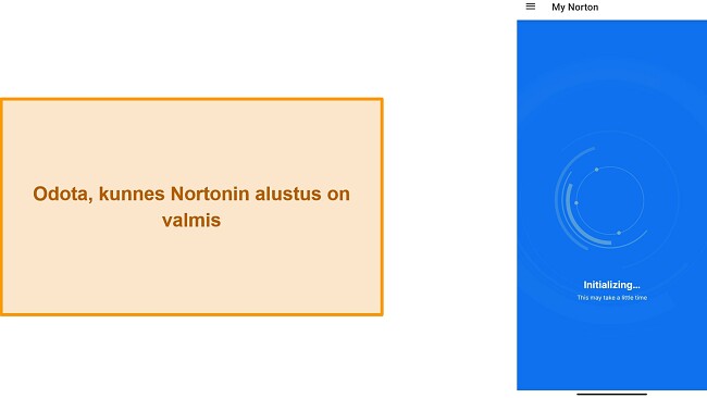 Kuvakaappaus Norton Mobile Securityn alustamisesta ensimm&auml;ist&auml; kertaa