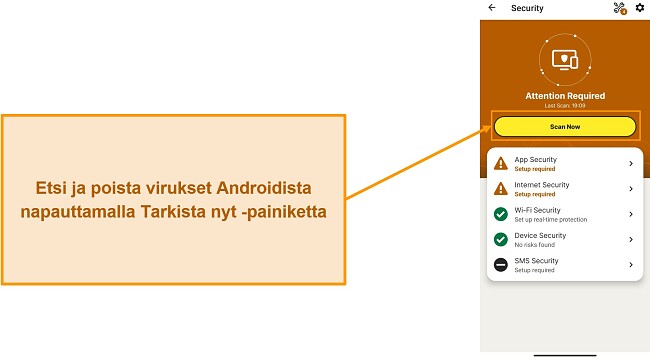 N&auml;ytt&ouml;kaappaus, jossa n&auml;kyy skannauksen aloittaminen Norton Mobile Securityssa