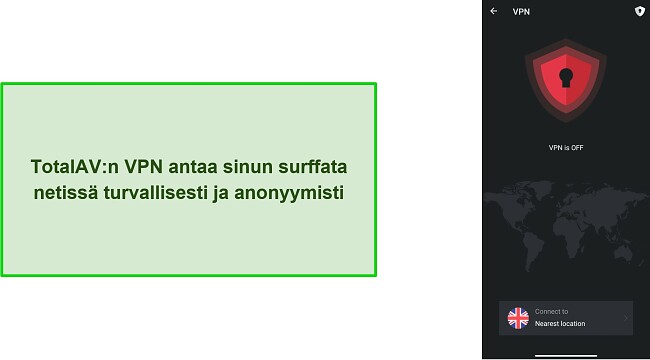 Kuvakaappaus TotalAV:n VPN:st&auml; Androidissa