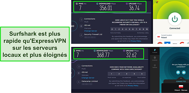 Tests de vitesse Surfshark et ExpressVPN.