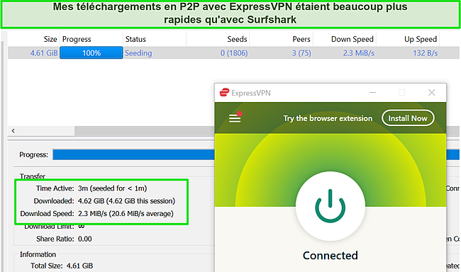 Capture d'&eacute;cran d'ExpressVPN connect&eacute; pendant le torrent.