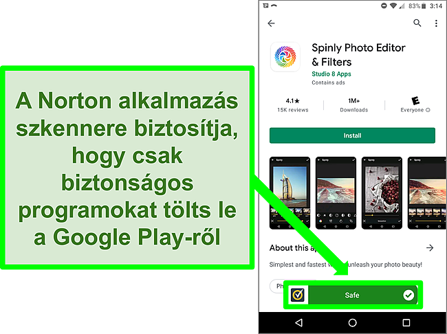 K&eacute;pernyők&eacute;p egy olyan alkalmaz&aacute;sr&oacute;l a Google Play &Aacute;ruh&aacute;zban, amelyet egy Norton -vizsg&aacute;lat "biztons&aacute;gosnak" jel&ouml;lt meg.