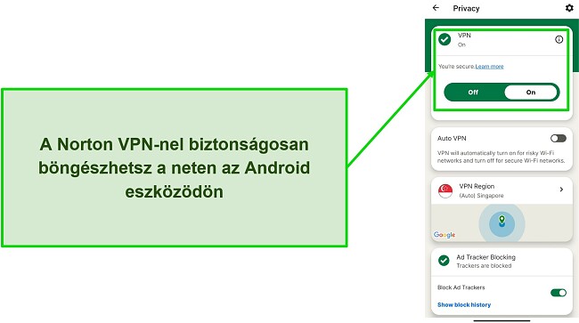 K&eacute;pernyők&eacute;p a Norton Mobile Security VPN-j&eacute;ről csatlakoz&aacute;s k&ouml;zben