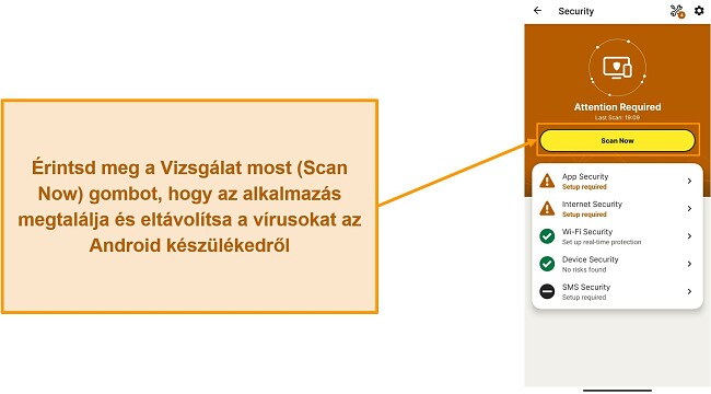 K&eacute;pernyők&eacute;p, amely bemutatja, hogyan ind&iacute;that&oacute; el a vizsg&aacute;lat a Norton Mobile Security alkalmaz&aacute;sban