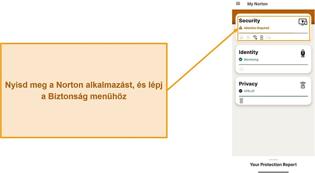 K&eacute;pernyők&eacute;p, amely bemutatja a Biztons&aacute;g men&uuml; megnyit&aacute;s&aacute;t a Norton Mobile Security alkalmaz&aacute;sban