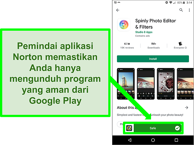 Cuplikan layar aplikasi di Google Play Store yang ditandai sebagai "aman" oleh pemindaian Norton.