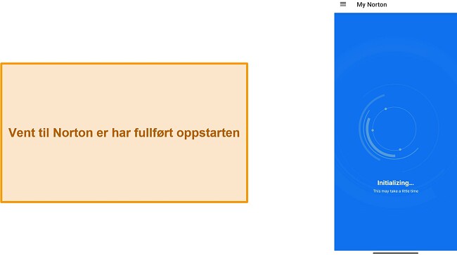 Skjermbilde av Norton Mobile Security som initialiserer for f&oslash;rste gang