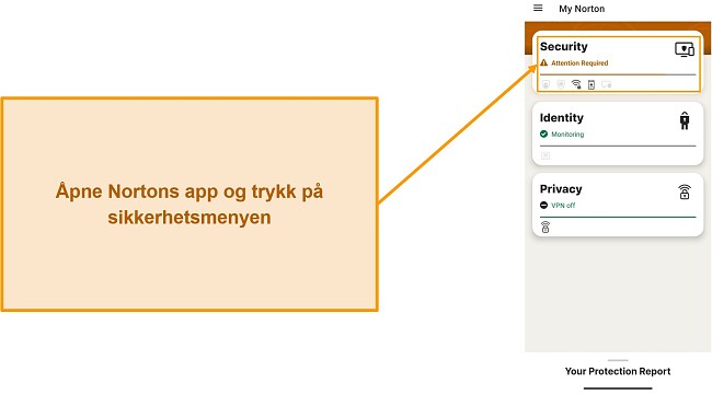 Skjermbilde som viser hvordan du &aring;pner Sikkerhet-menyen i Norton Mobile Security