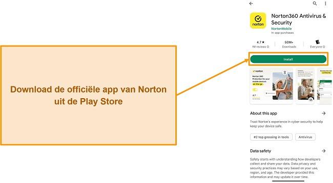 Screenshot van de offici&euml;le Norton-app in de Google Play Store