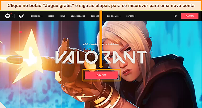 Captura de tela do site da Valorant com o bot&atilde;o Play Free destacado.