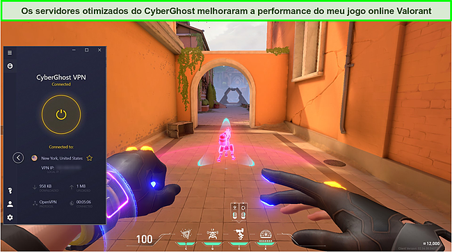 Captura de tela do CyberGhost conectado a um servidor dos EUA enquanto o Valorant est&aacute; jogando em um PC.