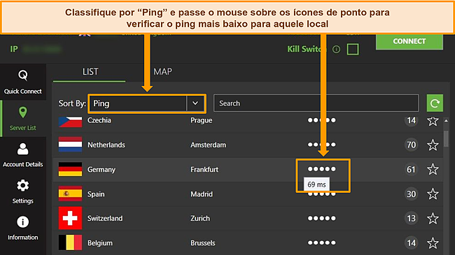Captura de tela da lista de servidores IPVanish no aplicativo do Windows, destacando os servidores classificados por ping e a menor lat&ecirc;ncia dispon&iacute;vel na regi&atilde;o.