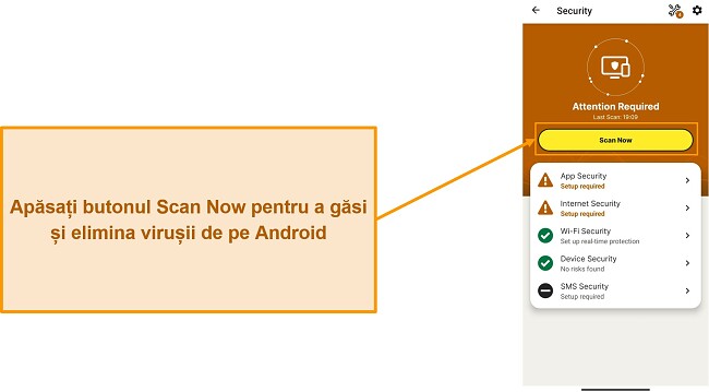 Captură de ecran care arată cum să porniți o scanare &icirc;n Norton Mobile Security