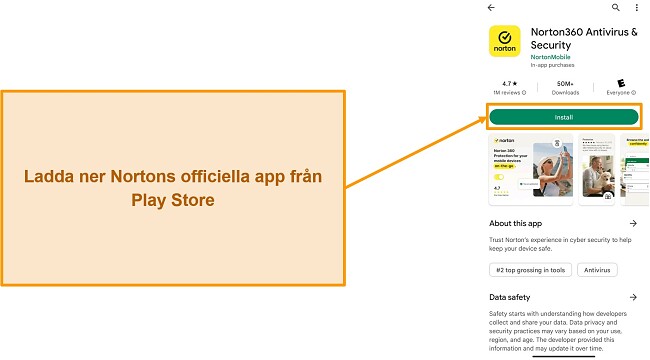 Sk&auml;rmdump av Nortons officiella app i Google Play Butik