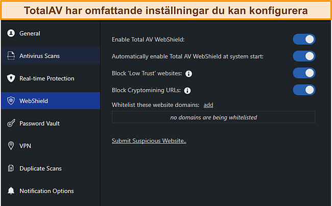 Sk&auml;rmdump av TotalAvs Settings Manus.