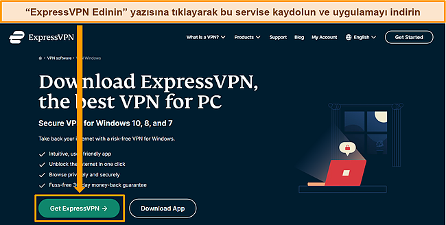 Get ExpressVPN d&uuml;ğmesinin vurgulandığı ExpressVPN web sitesinin ekran g&ouml;r&uuml;nt&uuml;s&uuml;.
