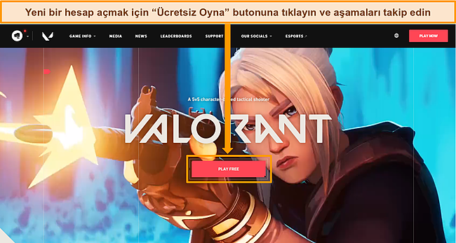 Valorant'ın &Uuml;cretsiz Oyna d&uuml;ğmesinin vurgulandığı web sitesinin ekran g&ouml;r&uuml;nt&uuml;s&uuml;.