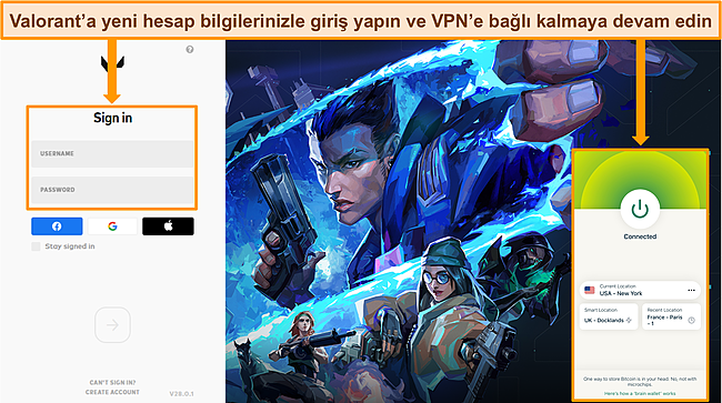 Bir ABD sunucusuna bağlı ExpressVPN ile Valorant'ın masa&uuml;st&uuml; uygulamasının ekran g&ouml;r&uuml;nt&uuml;s&uuml;.
