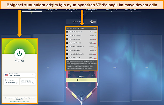 Kuzey Amerika sunucuları vurgulanmış ve bir ABD sunucusuna bağlı ExpressVPN ile Valorant uygulamasının ekran g&ouml;r&uuml;nt&uuml;s&uuml;.