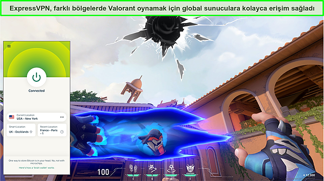 Bir ABD sunucusuna bağlı ExpressVPN ile oynayan Valorant'ın ekran g&ouml;r&uuml;nt&uuml;s&uuml;.