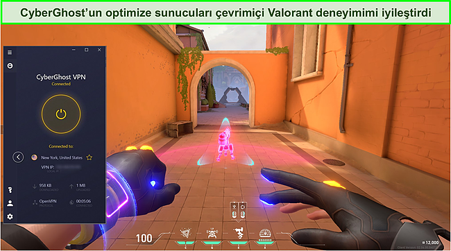 Valorant bir bilgisayarda oynarken CyberGhost'un ABD sunucusuna bağlı ekran g&ouml;r&uuml;nt&uuml;s&uuml;.