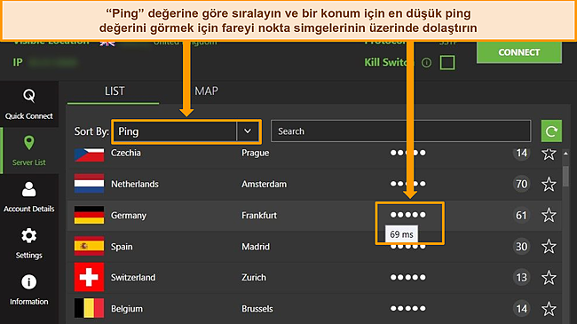 Windows uygulamasındaki IPVanish sunucu listesinin, ping'e g&ouml;re sıralanmış sunucuları ve o b&ouml;lgedeki mevcut en d&uuml;ş&uuml;k gecikmeyi vurgulayan ekran g&ouml;r&uuml;nt&uuml;s&uuml;.