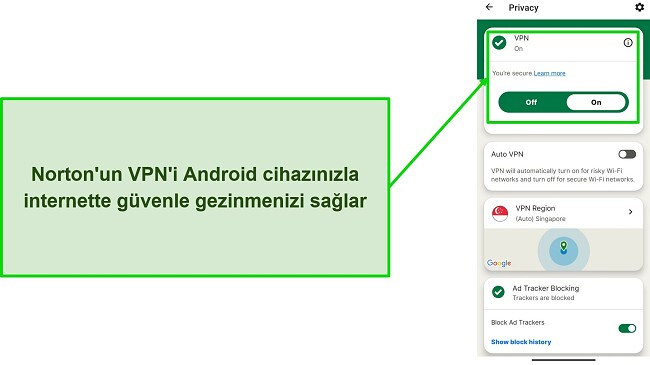 Bağlıyken Norton Mobile Security'nin VPN'inin ekran g&ouml;r&uuml;nt&uuml;s&uuml;