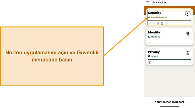 Norton Mobile Security'de G&uuml;venlik men&uuml;s&uuml;n&uuml;n nasıl a&ccedil;ılacağını g&ouml;steren ekran g&ouml;r&uuml;nt&uuml;s&uuml;