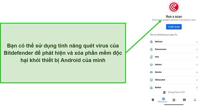 Ảnh chụp m&agrave;n h&igrave;nh qu&aacute; tr&igrave;nh qu&eacute;t vi-r&uacute;t của Bitdefender Mobile Security