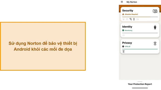 Ảnh chụp m&agrave;n h&igrave;nh menu ch&iacute;nh của Norton Mobile Security