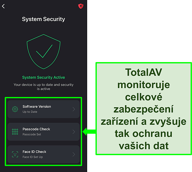 Sn&iacute;mek obrazovky aplikace TotalAV pro iOS s otevřenou funkc&iacute; zabezpečen&iacute; syst&eacute;mu a zv&yacute;razněn&yacute;mi n&aacute;stroji zabezpečen&iacute;.