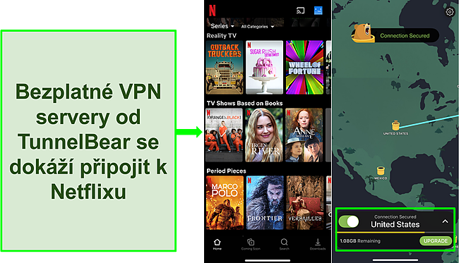 Sn&iacute;mek obrazovky TunnelBear připojen&eacute;ho k americk&eacute;mu serveru s Netflixem zobrazuj&iacute;c&iacute;m obsah pouze pro USA.