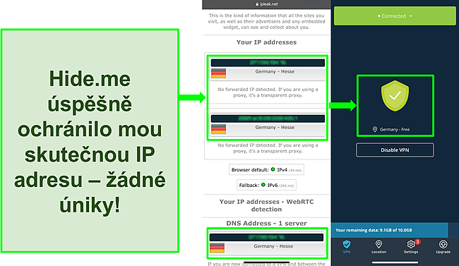Screenshot testu &uacute;niku IP zobrazuj&iacute;c&iacute; německ&aacute; um&iacute;stěn&iacute; s hide.me připojen&yacute;m k německ&eacute;mu serveru.