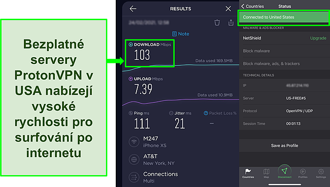 Screenshot v&yacute;sledku testu rychlosti Ookla při připojen&iacute; k jednomu z bezplatn&yacute;ch americk&yacute;ch serverů Proton VPN.