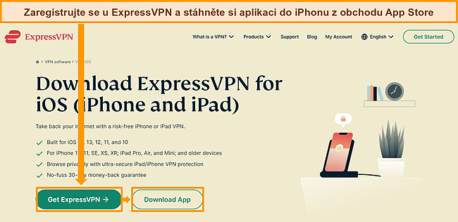 Sn&iacute;mek obrazovky webu ExpressVPN s možnostmi předplatn&eacute;ho a stahov&aacute;n&iacute; pro iOS.