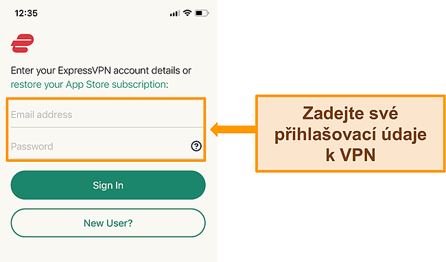 Screenshot aplikace ExpressVPN pro iPhone na přihla&scaron;ovac&iacute; obrazovce.
